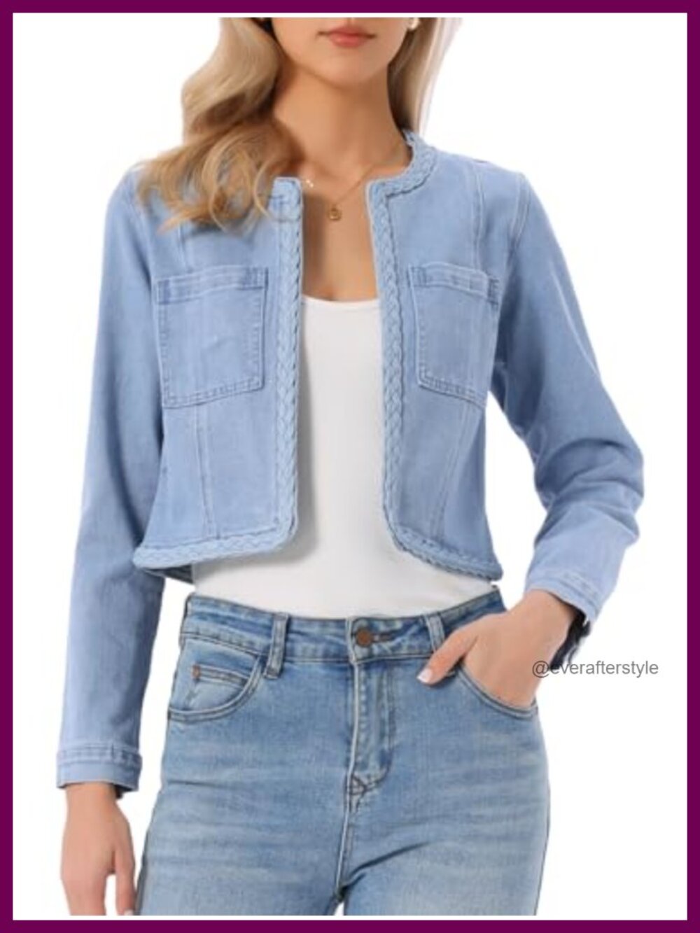 Womens Cropped Denim Jacket Collarless Open Front Jean Jacket Casual